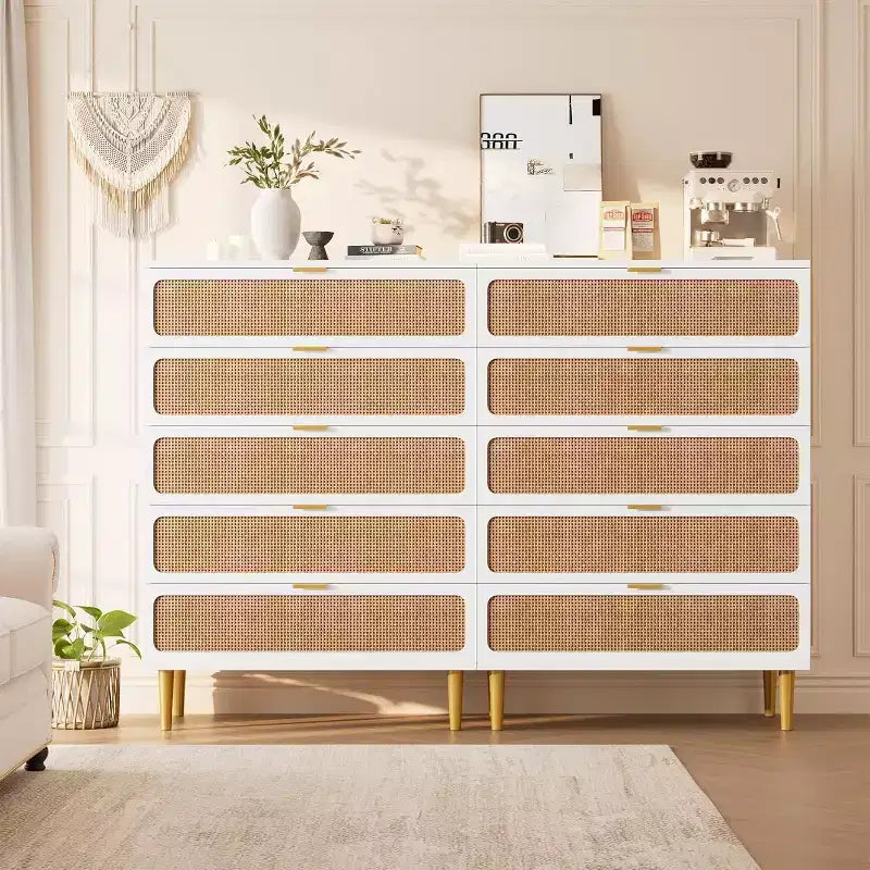 Commode 5 tiroirs en rotin pour chambre à coucher, chiffonnier avec tiroirs profonds, grande commode double pour placard avec plateau large, commode haute en bois pour salon