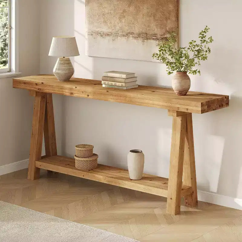 Console Lantine de 70,9 pouces en bois massif, longue table de canapé style ferme avec étagères pour entrée, salon, couloir, vestibule