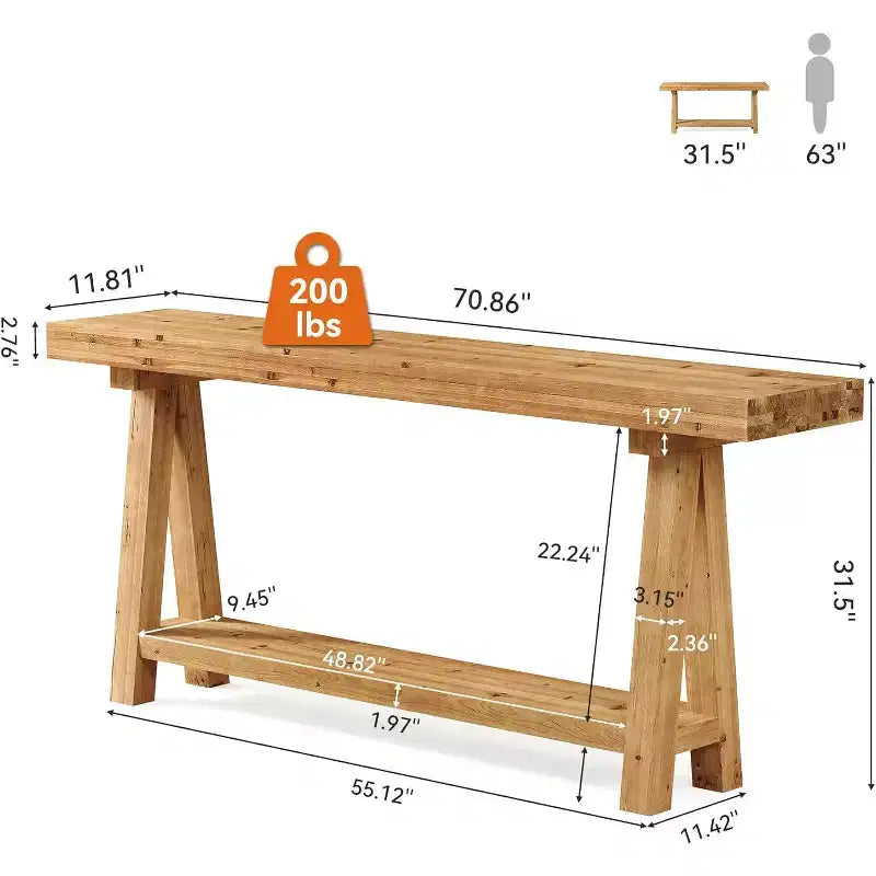 Console Lantine de 70,9 pouces en bois massif, longue table de canapé style ferme avec étagères pour entrée, salon, couloir, vestibule