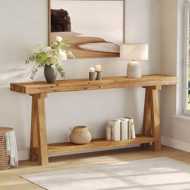 Console Lantine de 70,9 pouces en bois massif, longue table de canapé style ferme avec étagères pour entrée, salon, couloir, vestibule