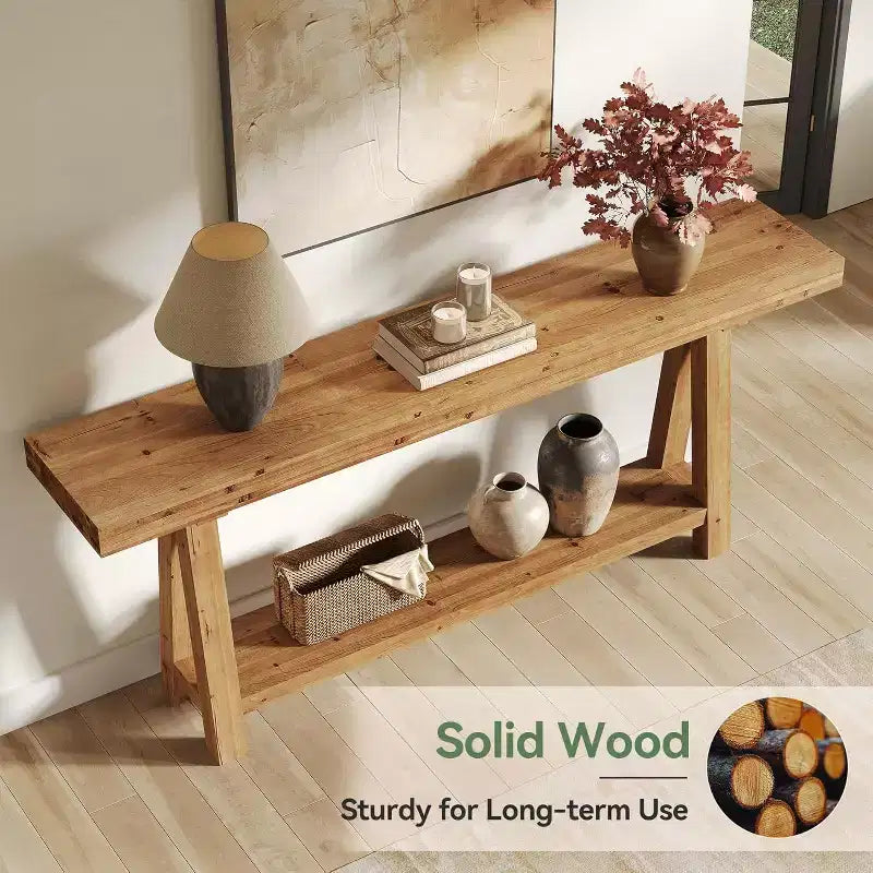 Console Lantine de 70,9 pouces en bois massif, longue table de canapé style ferme avec étagères pour entrée, salon, couloir, vestibule