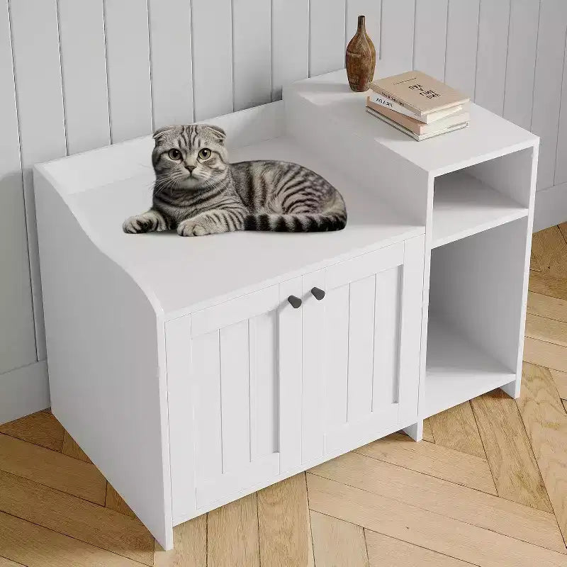 Meuble de toilette caché pour chat avec rangement, style table d'appoint moderne, maison de toilette pour chats d'intérieur en panneaux de particules blancs, contrôle des odeurs et design intime