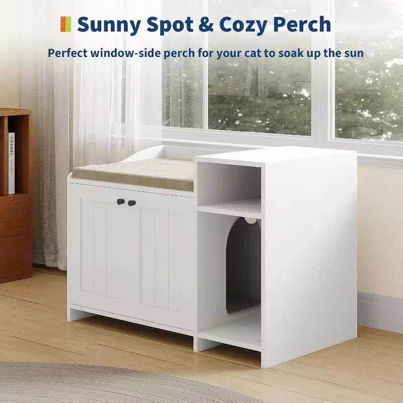 Meuble de toilette caché pour chat avec rangement, style table d'appoint moderne, maison de toilette pour chats d'intérieur en panneaux de particules blancs, contrôle des odeurs et design intime