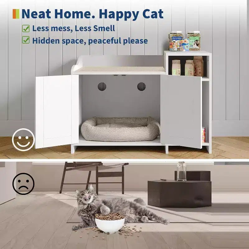 Meuble de toilette caché pour chat avec rangement, style table d'appoint moderne, maison de toilette pour chats d'intérieur en panneaux de particules blancs, contrôle des odeurs et design intime