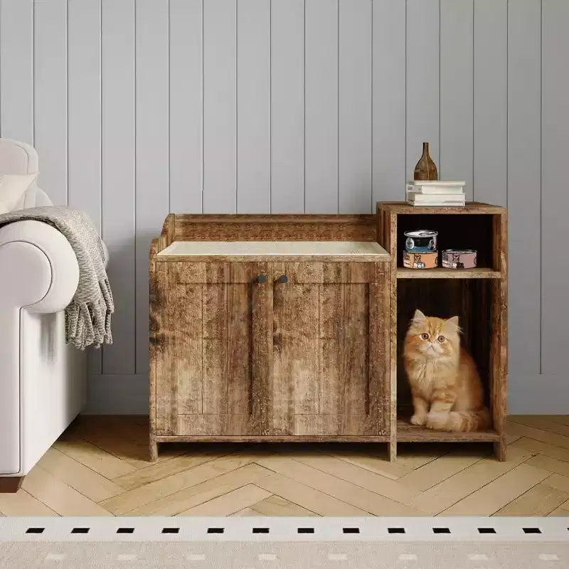Meuble de toilette caché pour chat avec rangement, style table d'appoint moderne, maison de toilette pour chats d'intérieur en panneaux de particules blancs, contrôle des odeurs et design intime