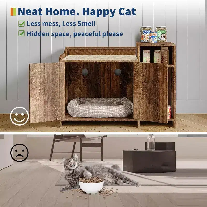 Meuble de toilette caché pour chat avec rangement, style table d'appoint moderne, maison de toilette pour chats d'intérieur en panneaux de particules blancs, contrôle des odeurs et design intime