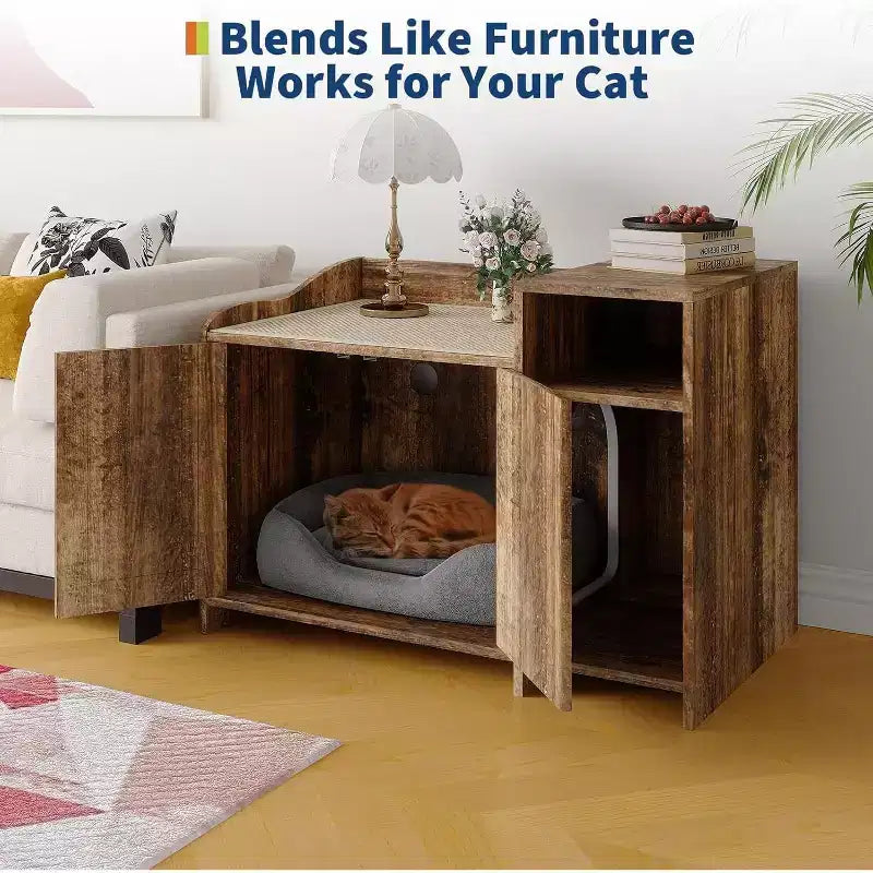 Meuble de toilette caché pour chat avec rangement, style table d'appoint moderne, maison de toilette pour chats d'intérieur en panneaux de particules blancs, contrôle des odeurs et design intime