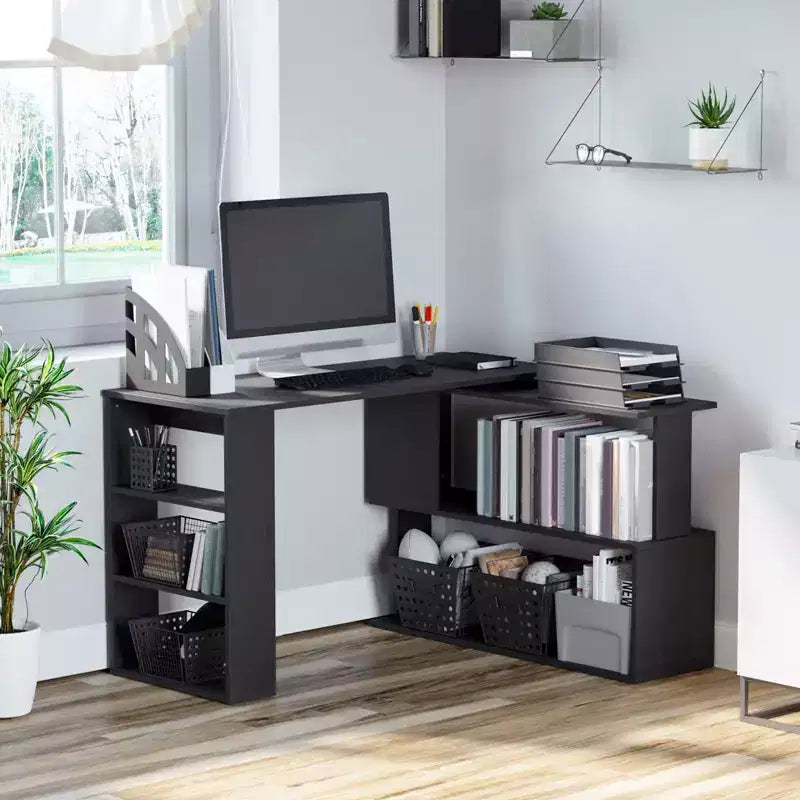 Bureau d'angle en L HOMCOM 360 rotatif pour bureau à domicile avec étagères de rangement, table d'écriture, poste de travail, noir