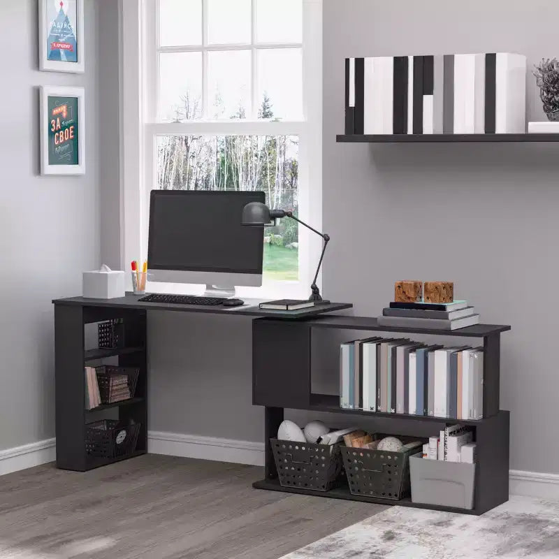 Bureau d'angle en L HOMCOM 360 rotatif pour bureau à domicile avec étagères de rangement, table d'écriture, poste de travail, noir