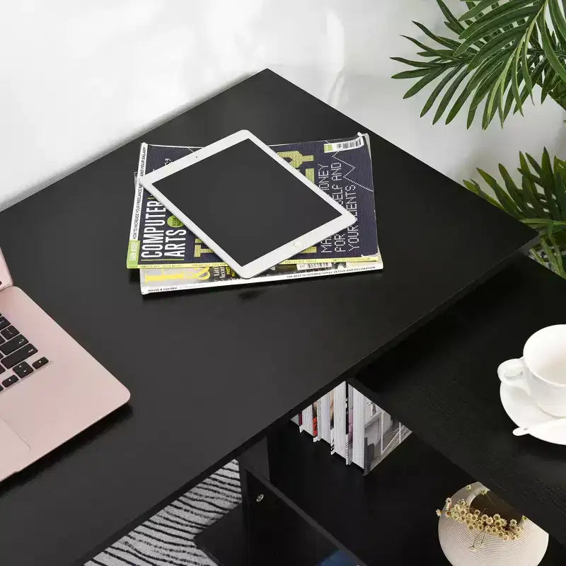 Bureau d'angle en L HOMCOM 360 rotatif pour bureau à domicile avec étagères de rangement, table d'écriture, poste de travail, noir