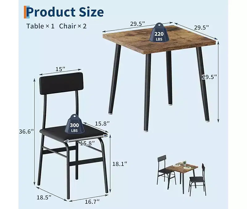 Ensemble repas compact 3 pièces pour 2 – Table peu encombrante en bois et métal avec 2 chaises rembourrées – Idéal pour les appartements et les coins petit-déjeuner
