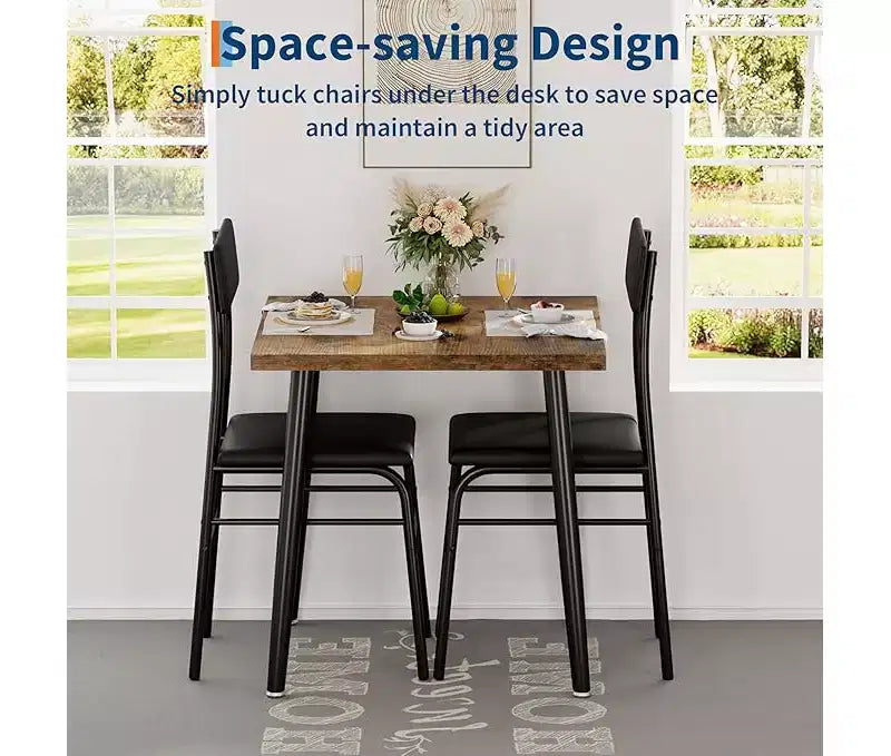 Ensemble repas compact 3 pièces pour 2 – Table peu encombrante en bois et métal avec 2 chaises rembourrées – Idéal pour les appartements et les coins petit-déjeuner