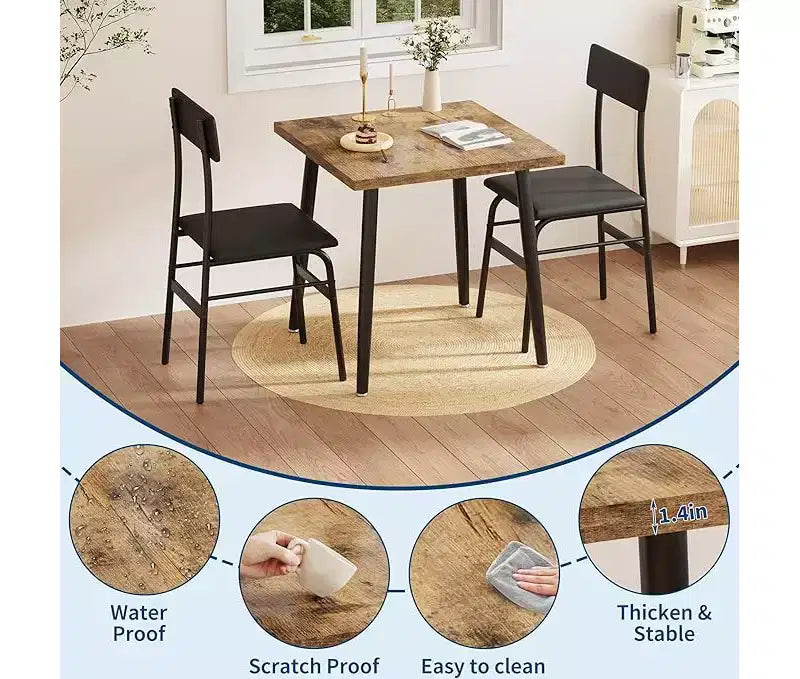 Ensemble repas compact 3 pièces pour 2 – Table peu encombrante en bois et métal avec 2 chaises rembourrées – Idéal pour les appartements et les coins petit-déjeuner