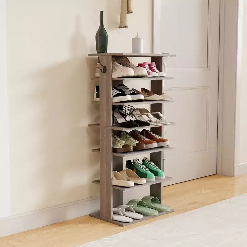 TUYOHW Étagère à chaussures verticale à 7 niveaux avec crochets, organiseur de chaussures multifonctionnel pour entrée