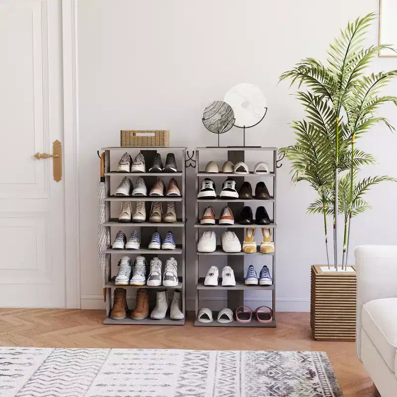 TUYOHW Étagère à chaussures verticale à 7 niveaux avec crochets, organiseur de chaussures multifonctionnel pour entrée