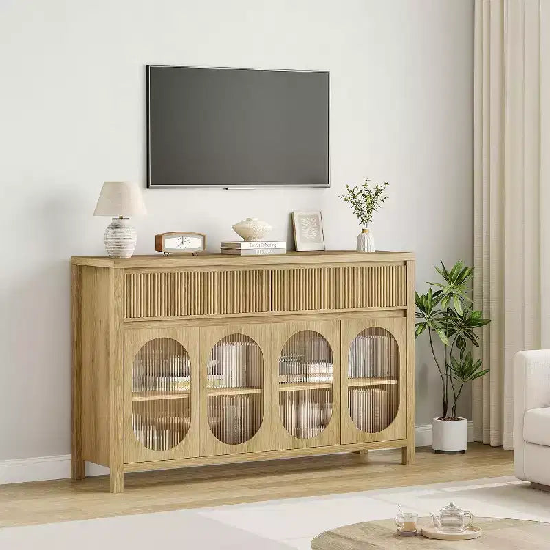 Grand buffet bahut de 55" avec rangements et 2 tiroirs cannelés, meuble de rangement pour bar à café, pour salle à manger, salon, cuisine