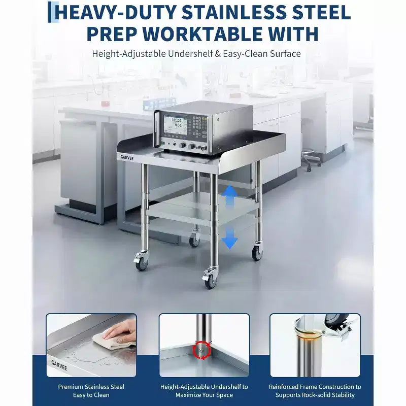 Table de préparation et de travail en acier inoxydable avec roulettes, table de cuisine commerciale en métal robuste avec étagère inférieure réglable pour restaurant