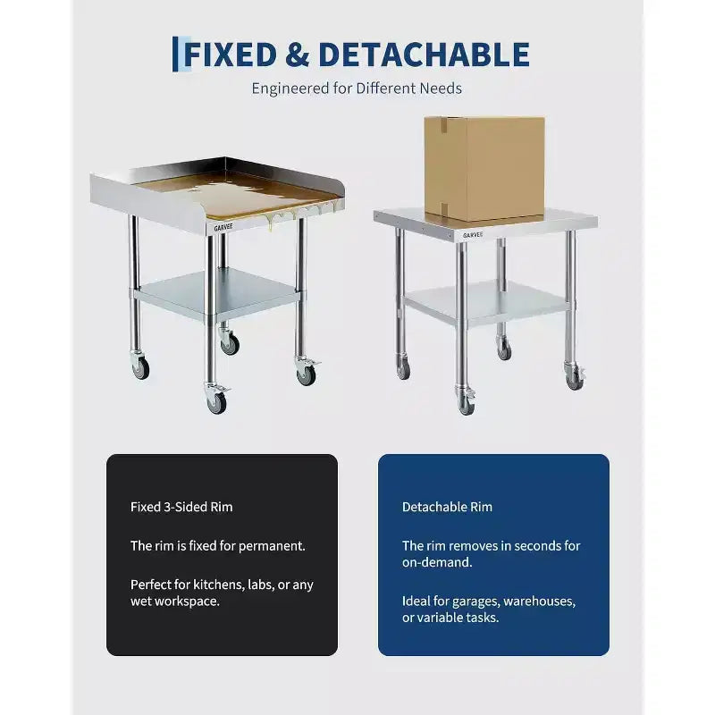 Table de préparation et de travail en acier inoxydable avec roulettes, table de cuisine commerciale en métal robuste avec étagère inférieure réglable pour restaurant