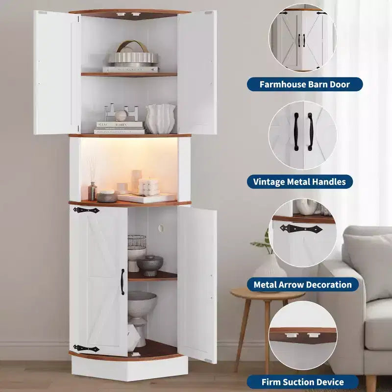 Meuble d'angle de ferme de 65 po avec éclairage DEL, meuble de rangement d'exposition autoportant avec porte de grange, 5 étagères et ports USB et prises de courant