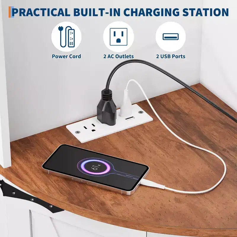Meuble d'angle de ferme de 65 po avec éclairage DEL, meuble de rangement d'exposition autoportant avec porte de grange, 5 étagères et ports USB et prises de courant