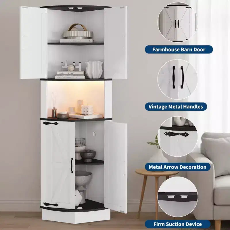 Meuble d'angle de ferme de 65 po avec éclairage DEL, meuble de rangement d'exposition autoportant avec porte de grange, 5 étagères et ports USB et prises de courant