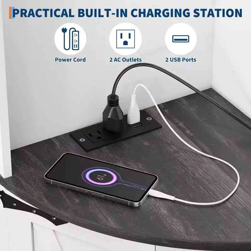 Meuble d'angle de ferme de 65 po avec éclairage DEL, meuble de rangement d'exposition autoportant avec porte de grange, 5 étagères et ports USB et prises de courant