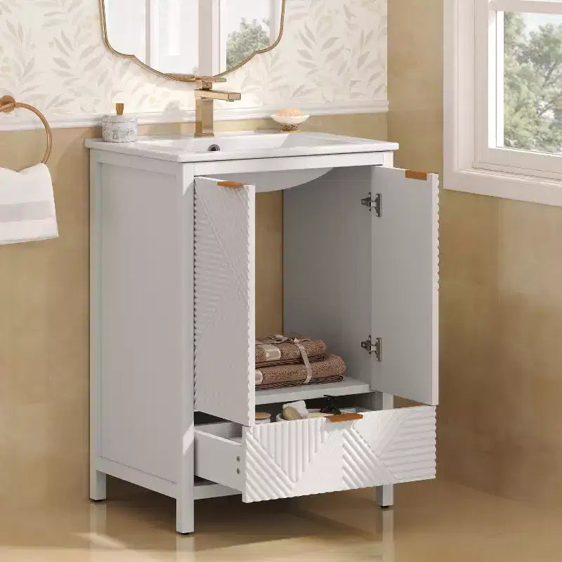 Meuble-lavabo de salle de bain 24 pouces, ensemble moderne avec lavabo, robinet monotrou, portes texturées, tiroir, pieds en pin, grand rangement, charnières à fermeture douce