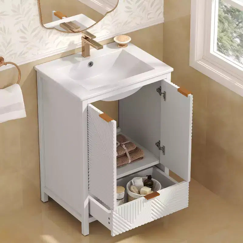 Meuble-lavabo de salle de bain 24 pouces, ensemble moderne avec lavabo, robinet monotrou, portes texturées, tiroir, pieds en pin, grand rangement, charnières à fermeture douce