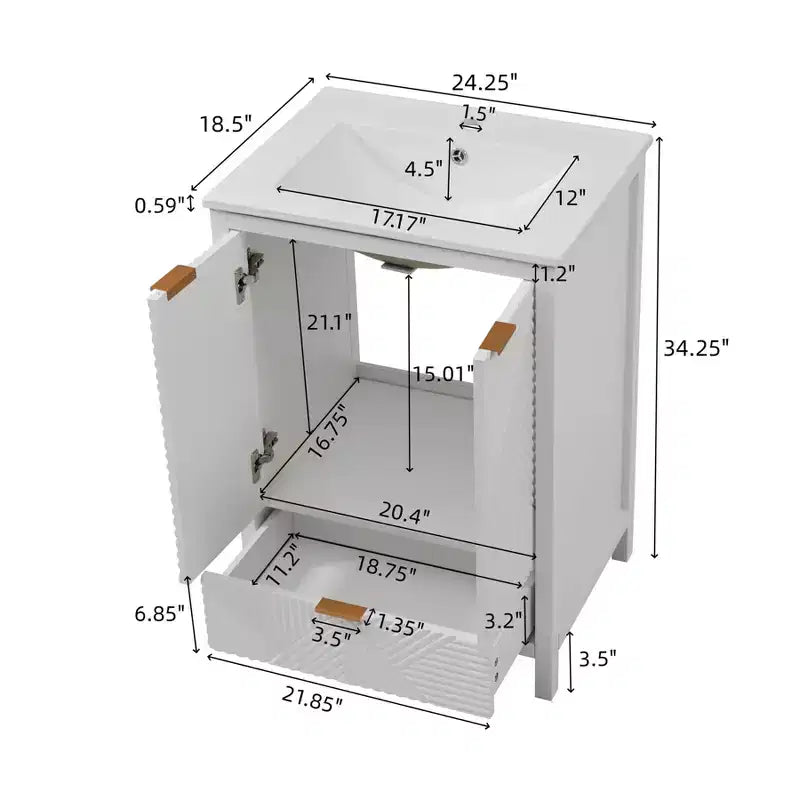 Meuble-lavabo de salle de bain 24 pouces, ensemble moderne avec lavabo, robinet monotrou, portes texturées, tiroir, pieds en pin, grand rangement, charnières à fermeture douce