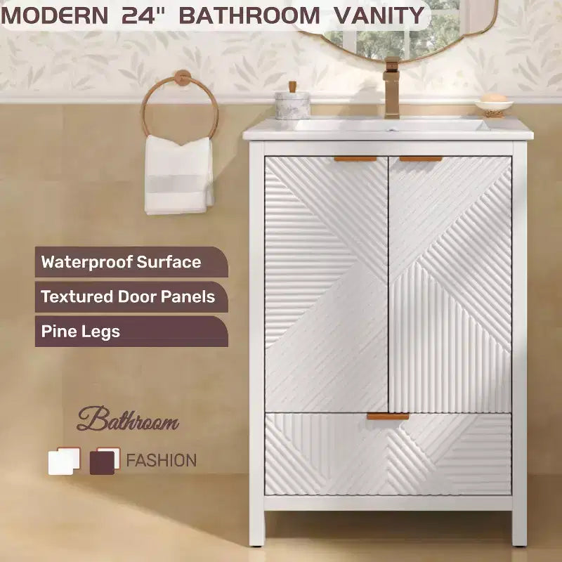 Meuble-lavabo de salle de bain 24 pouces, ensemble moderne avec lavabo, robinet monotrou, portes texturées, tiroir, pieds en pin, grand rangement, charnières à fermeture douce