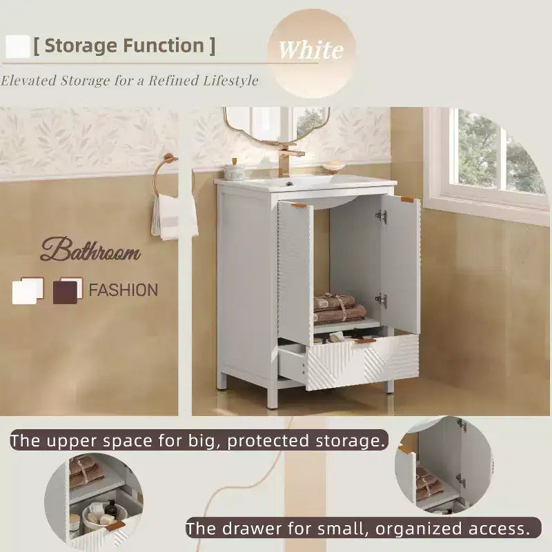 Meuble-lavabo de salle de bain 24 pouces, ensemble moderne avec lavabo, robinet monotrou, portes texturées, tiroir, pieds en pin, grand rangement, charnières à fermeture douce