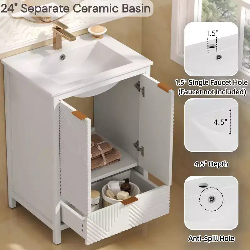Meuble-lavabo de salle de bain 24 pouces, ensemble moderne avec lavabo, robinet monotrou, portes texturées, tiroir, pieds en pin, grand rangement, charnières à fermeture douce