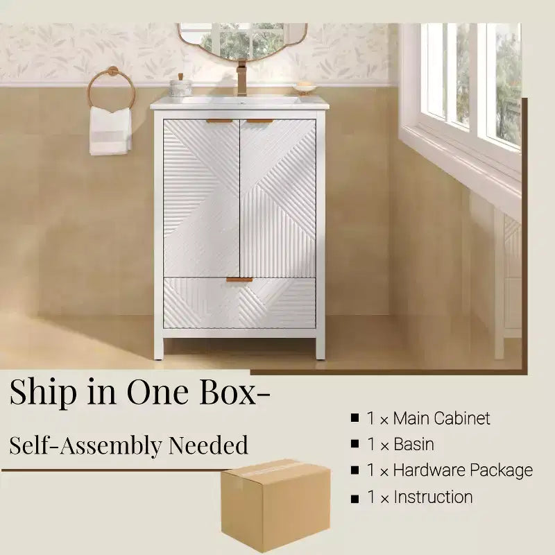Meuble-lavabo de salle de bain 24 pouces, ensemble moderne avec lavabo, robinet monotrou, portes texturées, tiroir, pieds en pin, grand rangement, charnières à fermeture douce