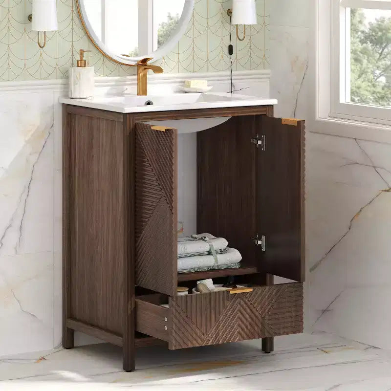 Meuble-lavabo de salle de bain 24 pouces, ensemble moderne avec lavabo, robinet monotrou, portes texturées, tiroir, pieds en pin, grand rangement, charnières à fermeture douce