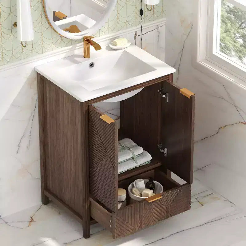 Meuble-lavabo de salle de bain 24 pouces, ensemble moderne avec lavabo, robinet monotrou, portes texturées, tiroir, pieds en pin, grand rangement, charnières à fermeture douce