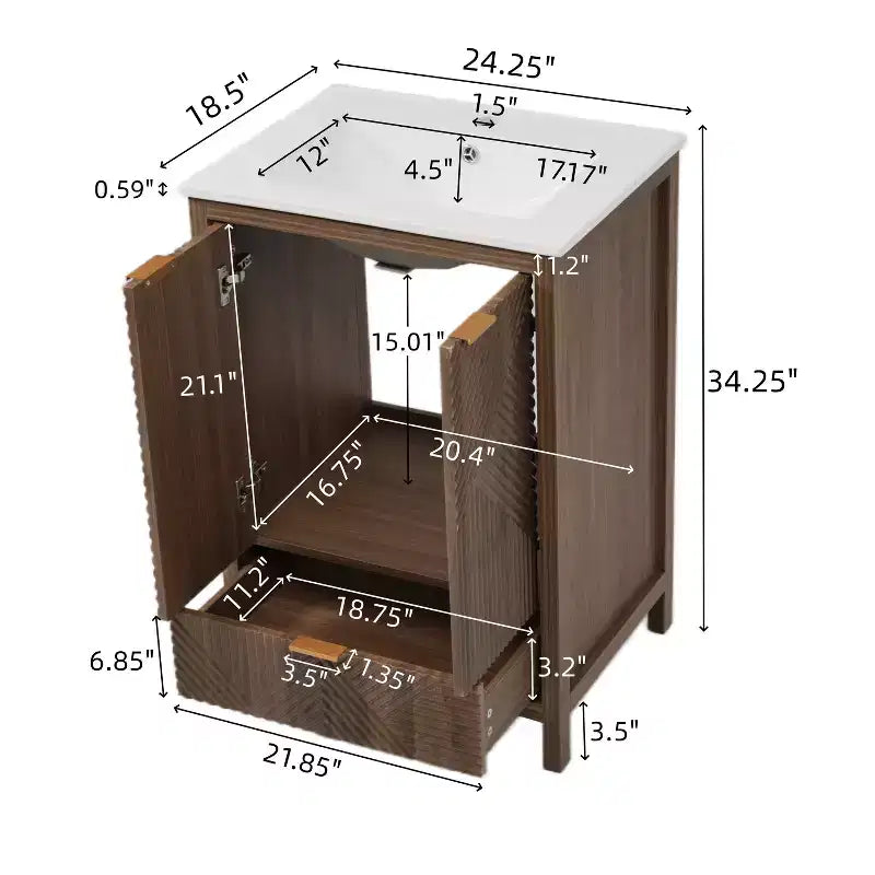 Meuble-lavabo de salle de bain 24 pouces, ensemble moderne avec lavabo, robinet monotrou, portes texturées, tiroir, pieds en pin, grand rangement, charnières à fermeture douce