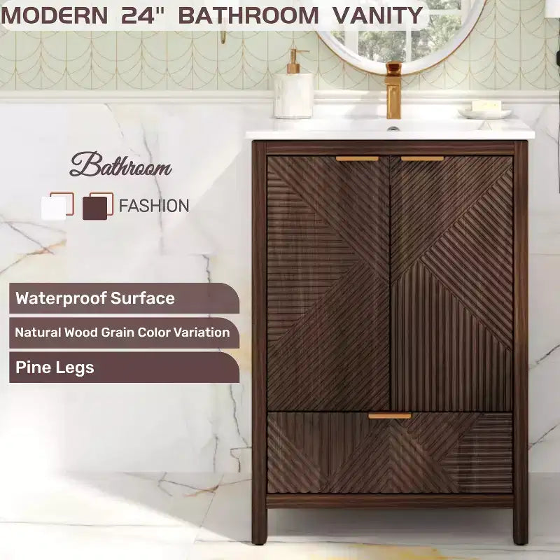 Meuble-lavabo de salle de bain 24 pouces, ensemble moderne avec lavabo, robinet monotrou, portes texturées, tiroir, pieds en pin, grand rangement, charnières à fermeture douce
