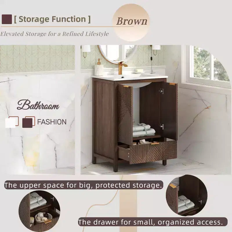 Meuble-lavabo de salle de bain 24 pouces, ensemble moderne avec lavabo, robinet monotrou, portes texturées, tiroir, pieds en pin, grand rangement, charnières à fermeture douce