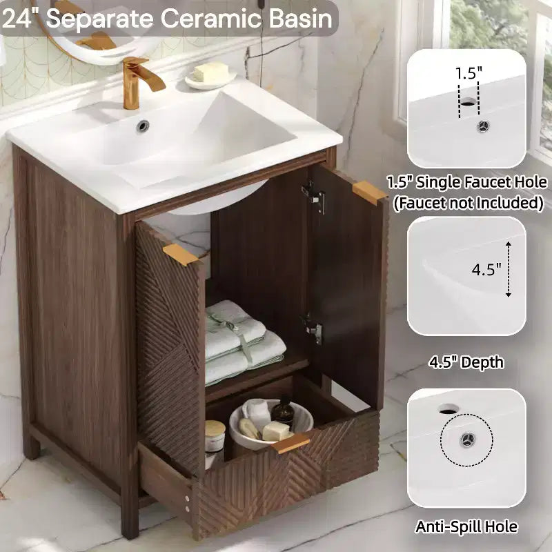 Meuble-lavabo de salle de bain 24 pouces, ensemble moderne avec lavabo, robinet monotrou, portes texturées, tiroir, pieds en pin, grand rangement, charnières à fermeture douce