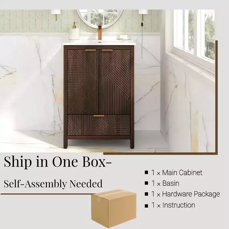 Meuble-lavabo de salle de bain 24 pouces, ensemble moderne avec lavabo, robinet monotrou, portes texturées, tiroir, pieds en pin, grand rangement, charnières à fermeture douce
