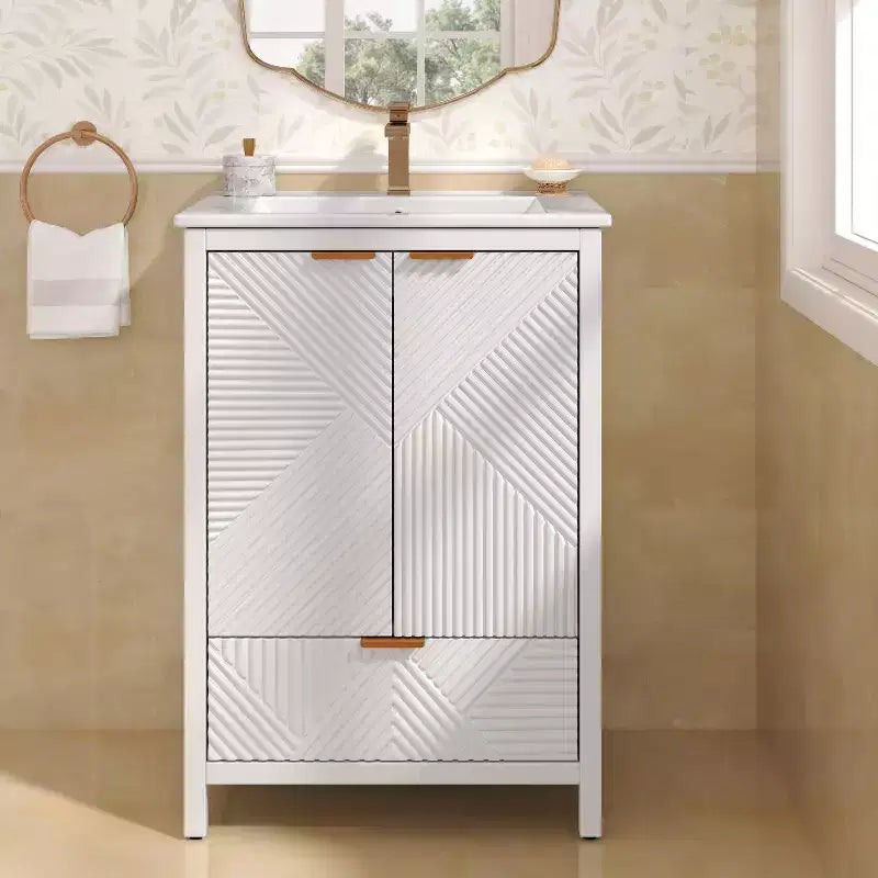 Meuble-lavabo de salle de bain 24 pouces, ensemble moderne avec lavabo, robinet monotrou, portes texturées, tiroir, pieds en pin, grand rangement, charnières à fermeture douce