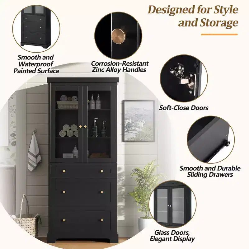 Meuble de rangement de salle de bain 70 Meuble bas autoportant avec 3 tiroirs et étagères réglables, Armoire de cuisine pour salle de bain ou bureau