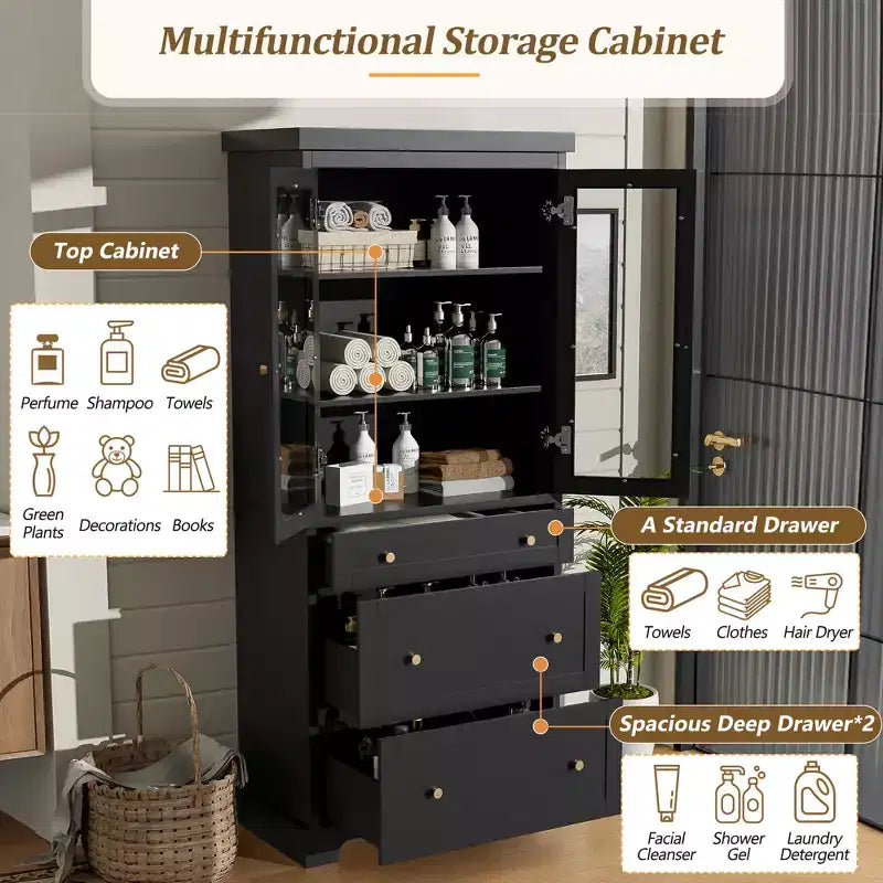 Meuble de rangement de salle de bain 70 Meuble bas autoportant avec 3 tiroirs et étagères réglables, Armoire de cuisine pour salle de bain ou bureau