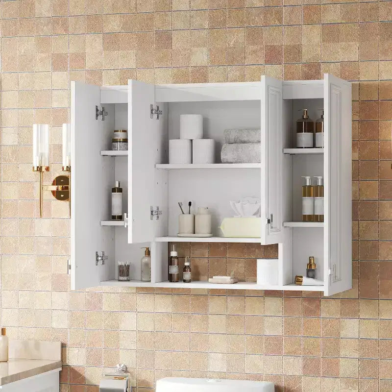 Meuble vasque de salle de bain moderne avec 5 étagères réglables, armoire à pharmacie murale, charnières à fermeture douce et design à étagères ouvertes, Blanc