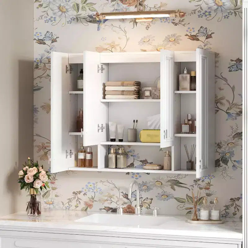 Meuble vasque de salle de bain moderne avec 5 étagères réglables, armoire à pharmacie murale, charnières à fermeture douce et design à étagères ouvertes, Blanc