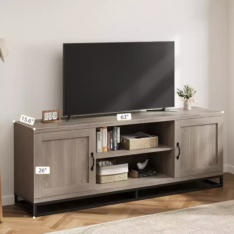 Meuble TV de ferme Acekool pour salon, étagères réglables à 2 niveaux, base en métal, console multimédia pour TV 75 pouces, gris