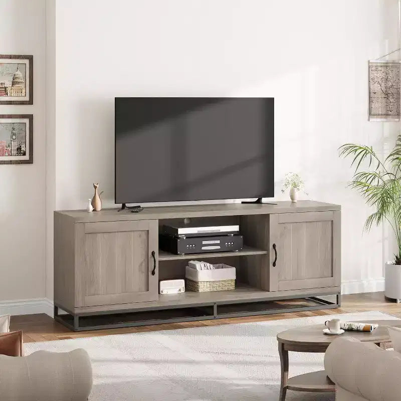Meuble TV de ferme Acekool pour salon, étagères réglables à 2 niveaux, base en métal, console multimédia pour TV 75 pouces, gris