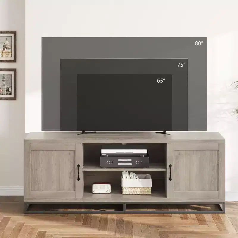 Meuble TV de ferme Acekool pour salon, étagères réglables à 2 niveaux, base en métal, console multimédia pour TV 75 pouces, gris
