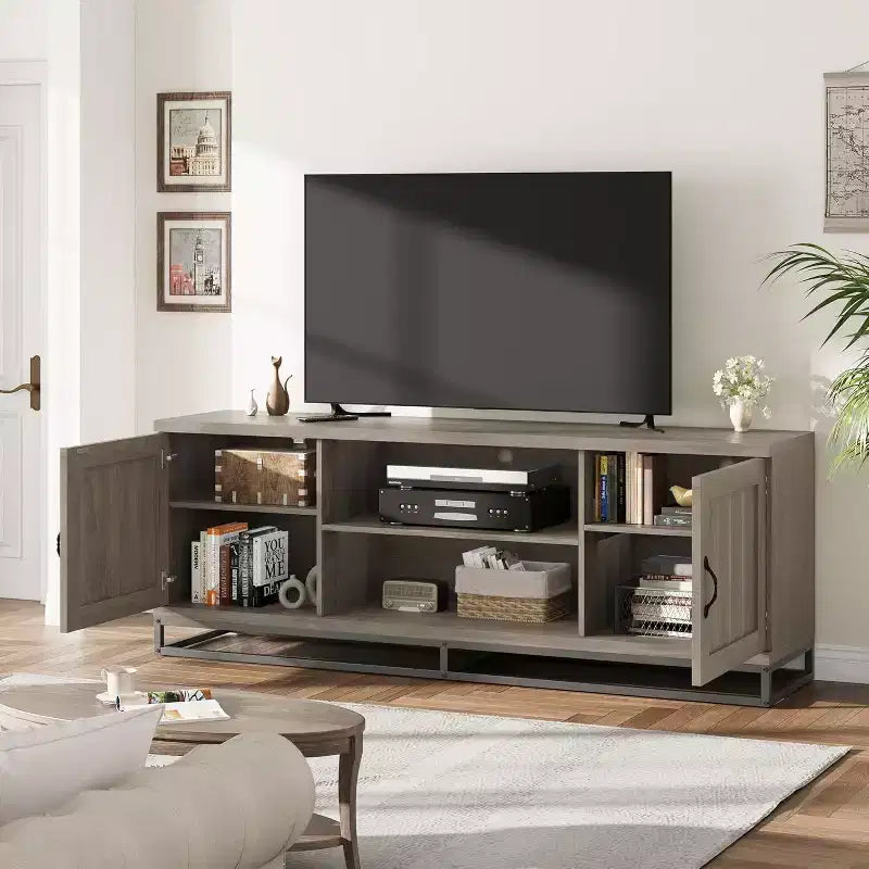 Meuble TV de ferme Acekool pour salon, étagères réglables à 2 niveaux, base en métal, console multimédia pour TV 75 pouces, gris