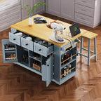 Îlot de cuisine CASAINC 50 avec 2 tabourets de bar, abattant, prise de courant, étagères ouvertes et tiroirs sur roulettes